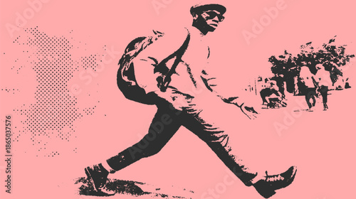 Man walking on the street in a fashion style. Graphic vector illustration with sunglasses and backpack, designed in a modern and simple manner.