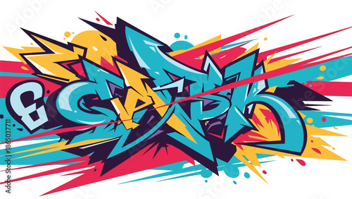 Street mural vector illustration with strong contrast, rounded shapes, angular elements, and expressive motion lines, graffiti-inspired flat design for bold visual communication