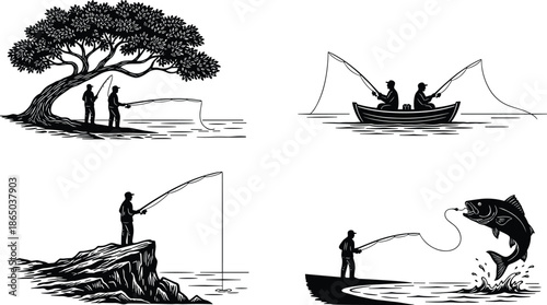 Fishing silhouette scenes, peaceful nature, outdoor recreation, lake and river fishing, black illustration, angler lifestyle, scenic moments, sport activity