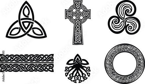 Celtic knotwork vector art set of six black line symbols including triquetra celtic cross triskele knot band tree of life roundel isolated on white background minimal