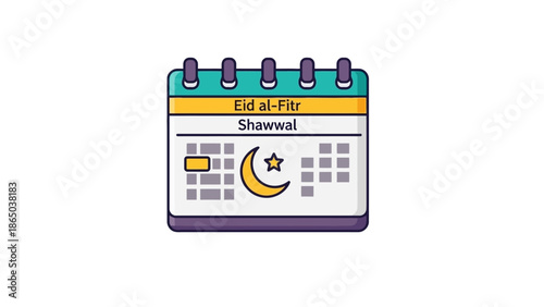 Digital illustration of a calendar marking Eid al-Fitr in Shawwal with a crescent moon and star on a white background.