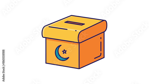 A yellow donation box with a blue crescent moon and star on a white background, simple illustration with flat design.