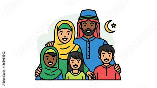 Illustration of a diverse Muslim family with two adults and two children smiling together with a crescent moon symbol.