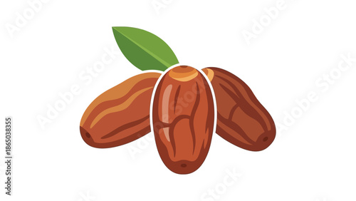 Illustration of three brown dates with a green leaf on a white background.