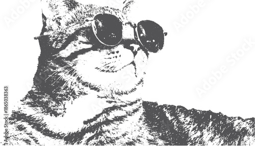 Cat wearing sunglasses in a stylish black-and-white vector illustration. Simple design showcasing a quirky feline character.