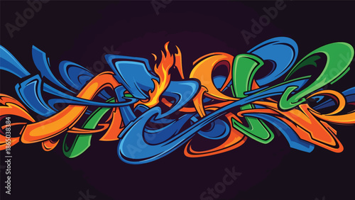 Graffiti-style urban mural vector artwork with expressive curves, bold contrasts, and balanced negative space, flat design suitable for professional commercial and editorial use