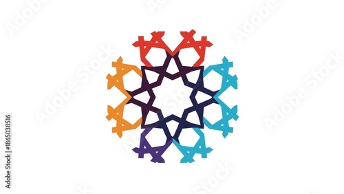 A circular arrangement of interconnected puzzle pieces in various colors on a white background with a shallow depth of field.