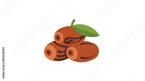 Illustration of three dates with a green leaf on a clean white background in a flat lay composition with warm earthy tones.