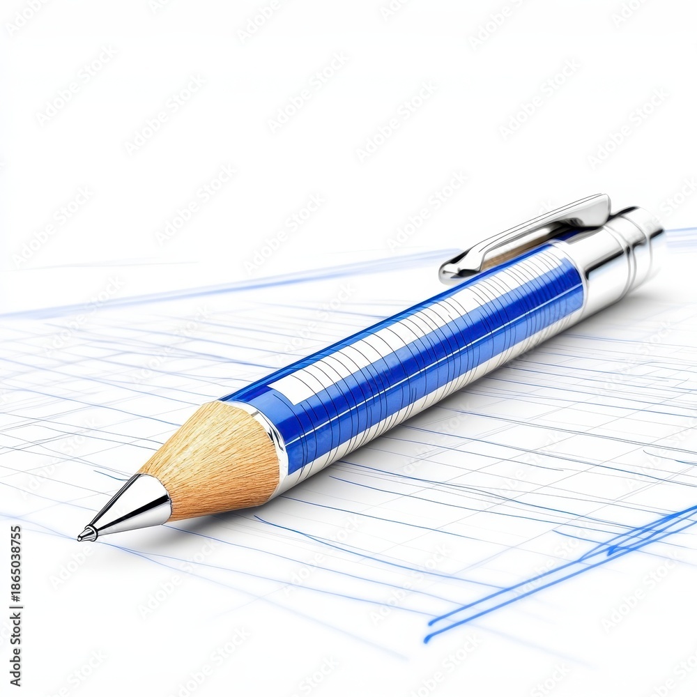 Naklejka premium Blue and Silver Mechanical Pencil on Grid Paper Detailed Still Life