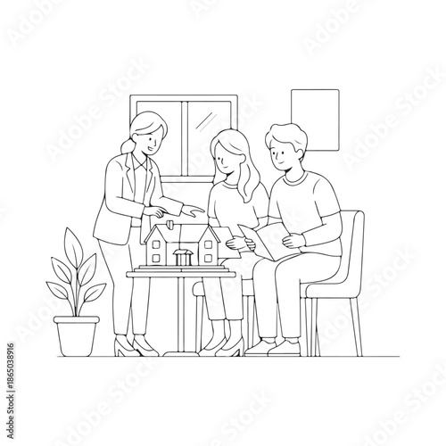 Real estate agent explains property details using a miniature house model to a young couple reviewing documents in a bright office setting.