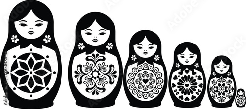 Matryoshka dolls, Russian nesting dolls, black and white design, folk art, traditional pattern, cultural illustration, decorative silhouette, vintage style