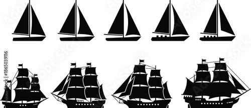 Sailing ship silhouettes, modern sailboats, historical tall ships, nautical icons, maritime design, black illustration, ocean vessels, boat comparison, sea travel