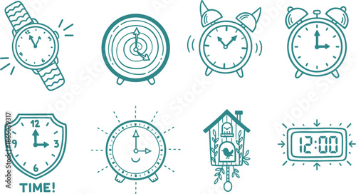 Set of various hand drawn clock and watch icons including alarm clock cuckoo clock and digital timer for time management and schedule