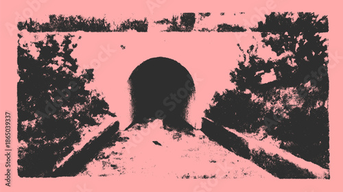 Tunnel archway with greenery on both sides. Dark structure against a vintage pink background, creating a graphic vector illustration.