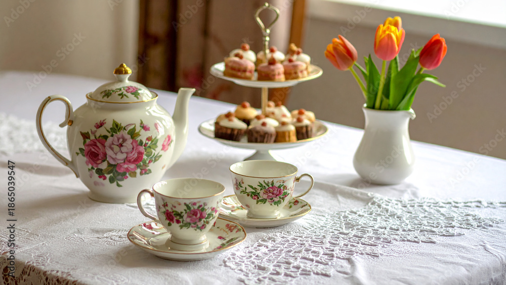 Fototapeta premium Morning Tea Set with Tulip Flowers