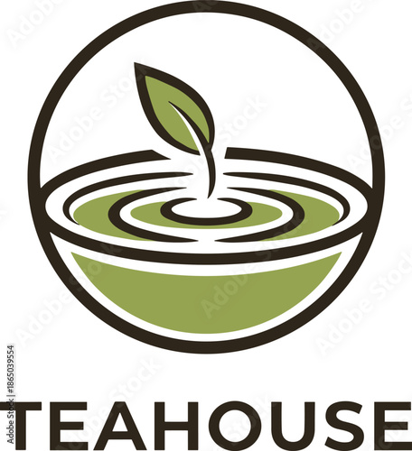 Professional green teahouse logo design with tea bowl leaf and water ripples symbol for organic tea shop and beverage brand identity