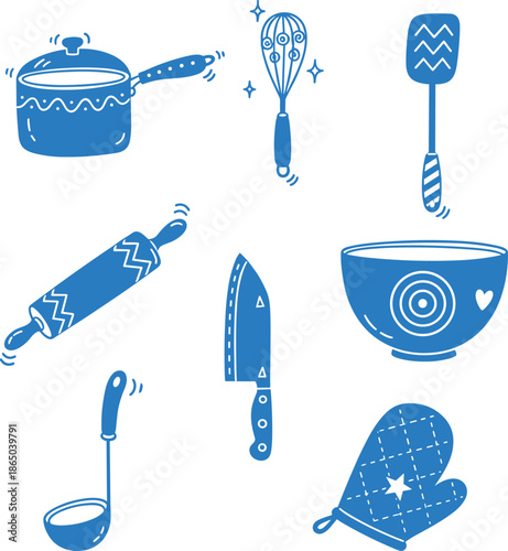 Collection of blue hand drawn kitchen utensil icons including pot whisk spatula rolling pin knife bowl ladle and oven mitt for cooking