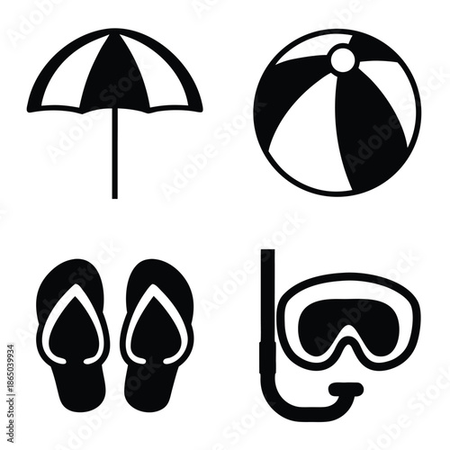 Black and white of beach umbrella, beach ball, flip flops and sunglasses