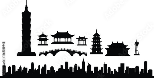 Traditional Asian architecture, modern city skyline, cultural heritage, urban development, pagoda silhouettes, iconic landmarks, East meets West, architectural contrast, skyline art