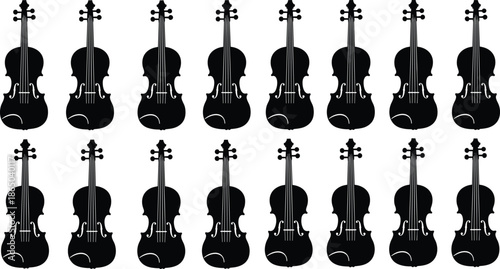 Violin silhouette grid, black violins, musical instrument pattern, classical music art, string instrument design, minimalist music illustration, orchestra theme