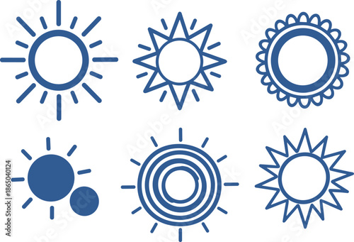 Set of Sun Outline Icons with Different Rays and Shapes for Summer Weather Forecast and Solar Energy Concept Vector