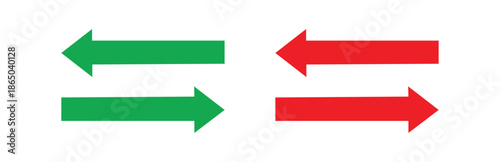 Set of two green and two red arrows pointing left and right respectively, isolated on a white background, representing direction, movement, and choices in a clean, graphic style.