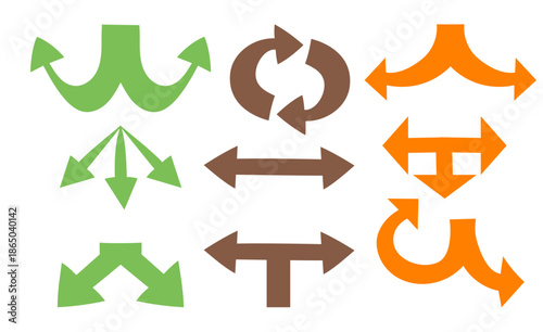 Set of triple and double direction arrows pointing different ways, for strategy, growth, choice and decision making concepts, modern flat vector illustration.