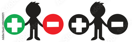 Set of two simple cartoon people figures holding circular icons with plus and minus signs isolated on a white background representing approval and disapproval or a positive and negative concept.