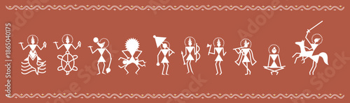 Set of ten avatars of Hindu god Vishnu in traditional Warli art style, Dashavatara collection: Matsya, Kurma, Varaha, Narasimha, Vamana, Rama, Parashurama, Krishna, Buddha, Kalki. 