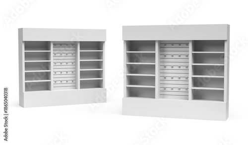 Supermarket Promotional Display Rack, PDQ Display. Slat wall retail display filled with multiple hooks. Point Of Sale. Product Presentation Unique Style Floor Stand Display. 3D Render Illustration.