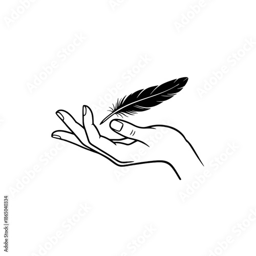 delicate feather floating over human hand - minimalist quill and touch vector illustration