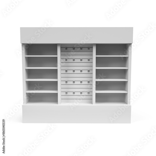 Supermarket Promotional Display Rack, PDQ Display. Slat wall retail display filled with multiple hooks. Point Of Sale. Product Presentation Unique Style Floor Stand Display. 3D Render Illustration.