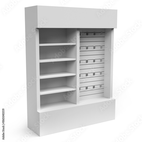 Supermarket Promotional Display Rack, PDQ Display. Slat wall retail display filled with multiple hooks. Point Of Sale. Product Presentation Unique Style Floor Stand Display. 3D Render Illustration.