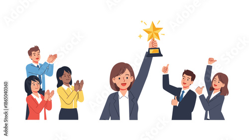 Triumphant businesswoman holding a gold star trophy, surrounded by a diverse team of clapping and cheering colleagues, celebrating success and teamwork.