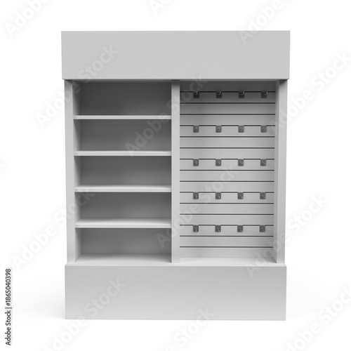 Supermarket Promotional Display Rack, PDQ Display. Slat wall retail display filled with multiple hooks. Point Of Sale. Product Presentation Unique Style Floor Stand Display. 3D Render Illustration.