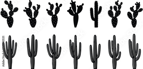 Black cactus silhouettes set, prickly pear and saguaro desert plant icons, succulent nature elements, southwestern vector illustration, isolated thorny botanical collection for graphic design.