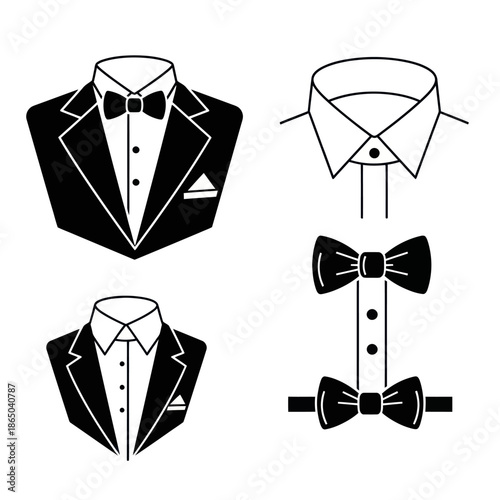 Elegant Formal Wear Collection - Tuxedos, Shirts, and Bow Ties.