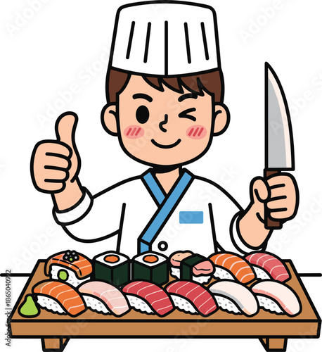 Cute cartoon sushi chef character giving thumbs up and holding knife with salmon nigiri tray, Japanese food vector on white background (20 words)