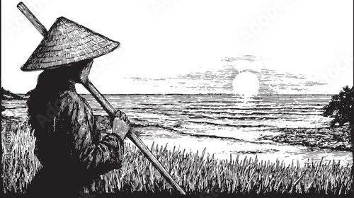 Woman silhouette against sunset over the sea. Classic vector illustration depicting a serene landscape with grass and a paddle, ideal for rustic art.