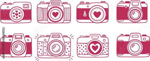 Vintage style photo camera icons collection with heart details for photography lovers social media content and creative wedding photography