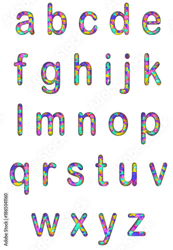 A set of small letters A to Z rounded edges, in colorful hearts, blue, green, yellow, pink, purple and orange. Transparent background, png file.