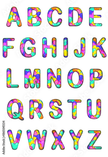 A set of capital letters A to Z rounded edges, in colorful hearts, blue, green, yellow, pink, purple and orange. Transparent background, png file.