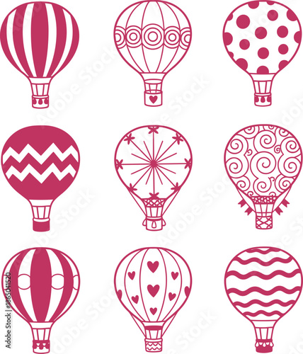 Hot air balloon icons set with creative patterns like hearts waves and polka dots for travel adventure festival and childhood dream concepts