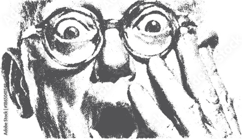 Surprised man with open eyes and glasses. Vintage black and white vector illustration featuring unique expression and distinct style.