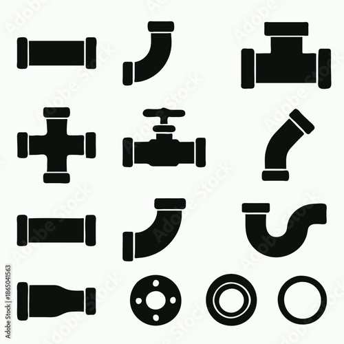  Water Pipe System Icons – Vector Set of Plumbing Details in Flat Style on White Background