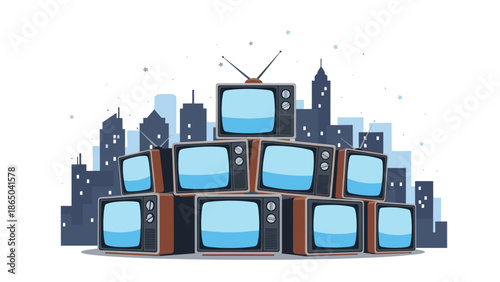 Towering pile of retro television sets stacked against a backdrop of a city skyline, symbolizing vintage media, technology, and urban culture.