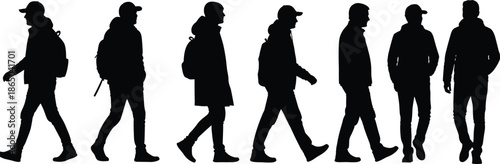 Set of black silhouettes of men walking with backpacks, male travelers and tourists in winter jackets, isolated vector illustration on white background (23 words)