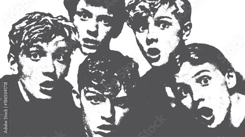 Group of surprised faces in black and white. Simple vector illustration showcasing unique expressions with strong contrast.