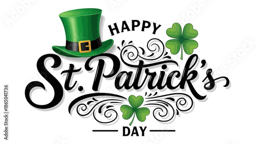A vibrant illustration depicts a green top hat and clover for st patrick s day