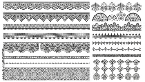 Intricate black and white lace borders and patterns arranged in rows showcasing diverse designs
